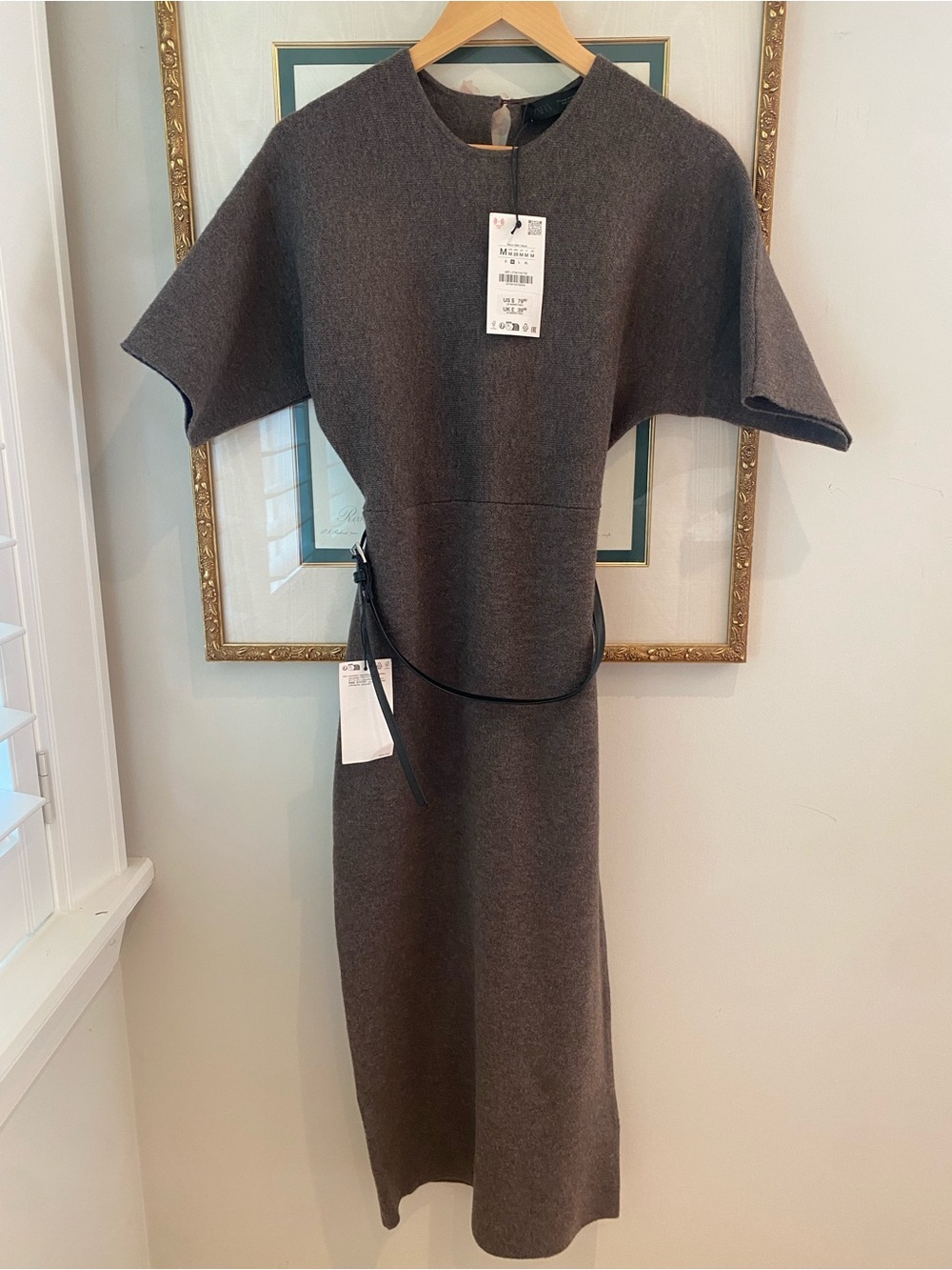 Zara Women’s Charcoal Gray Knit Midi Dress with Belt